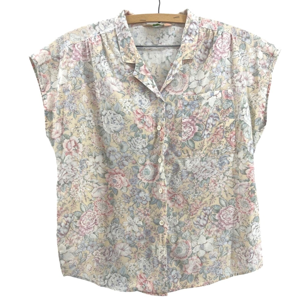 Vintage Grandmacore Button Up Blouse Sz M Pastel Floral Cottagecore Retro USA